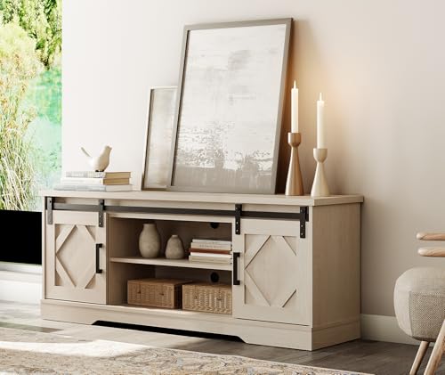 Image of WAMPAT Farmhouse Style TV Stand for 55-65 inch TV w /Distressed Wood Finish
