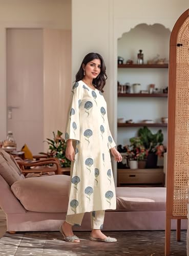 Image of ANNI Designer Women Rayon Viscose Regular Fit Printed Straight Kurta with Pant