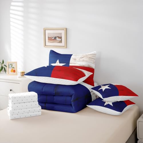 Image of Western Texas Star Comforter Set 7 Piece Bed in a Bag Twin | Vintage American Flag Bedding Sets Cowboys Gifts White Red and Blue Comforter and Sheet Set,Grunge United States Flag Farmhouse Bed Sets