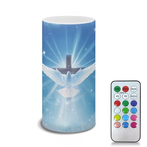 Image of Poceacles Dove of Peace Cross Blue Flameless LED Candle Flickering Wick Electric Candles with Remote Timer Color Changing Fake Pillar Candle for Home Indoor Tabletop Wedding Decoration