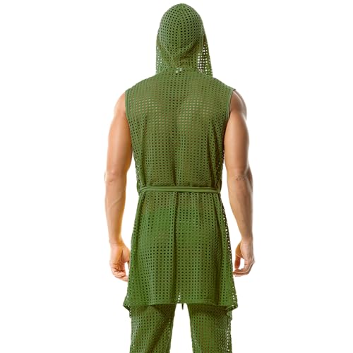 Men's Mesh Fishnet Robes Hooded Short Sleeveless Bathrobes Nightwear3