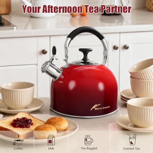 Tea Kettle Stovetop,Stainless Steel Whistling Tea Kettle For Stove Top, 2.5 Qt Tea Pot With Folding Handle, Food Grade Water Teapot Water Kettle For Stove Home Camping Travel,Gradient Red — view 2