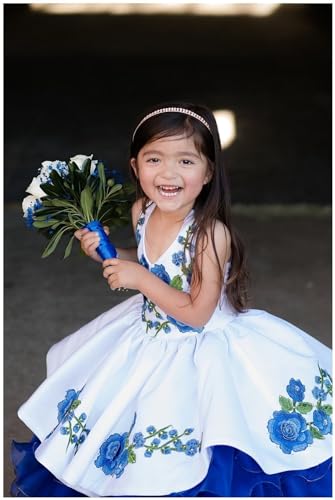 Halter Unique V Neck Ball Gown Royal Blue 3D Floral Flower Pattern Flower Girl Dress for Toddler Kids White3