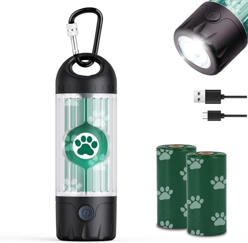 Tubasion Hunde Kotbeutelspender mit Taschenlampe 7-Farben, USB-C Wiederaufladbar kotbeutelhalter, IPX6 Wasserdicht Hundekotbeutel Hundelicht Für Leine, Gassigehen(1Kotbeutelspender