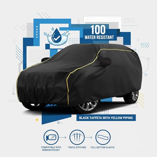 Image of Sulfar 100% Water Resistant Car Body Cover Compatible with Mirror for Toyota Urban Cruiser Tiasor(Breeza) (Triple Stitched, Full Bottom Elastic, Black Tafetta with Yellow Piping)