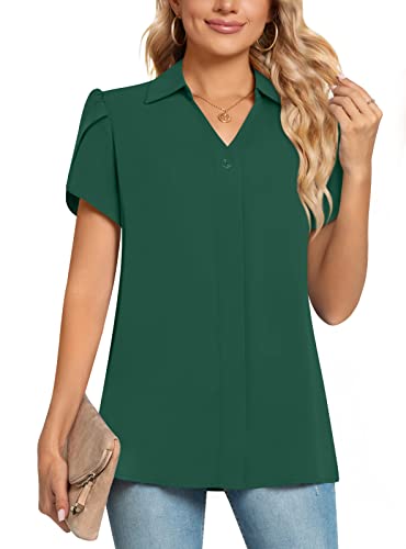 POPYOUNG Plus Size Ladies Tops Chiffon Blouse Business Tunic Petal Short Sleeve Office Shirts for Work 2XL, Dark Green