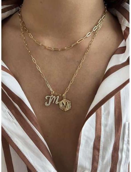 PAVOI 14K Gold Plated Dainty Hexagon Initial Letter Pendant Layered Necklace Jewelry Gift for Women | Paperclip Layering Chain Necklace - Image 3