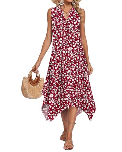 Image of AUSELILY Womens Summer Midi Dress V Neck Sleeveless Casual with Pockets | Flowy womens summer dress with asymmetrical hem, great for beach, vacation and daily wear
