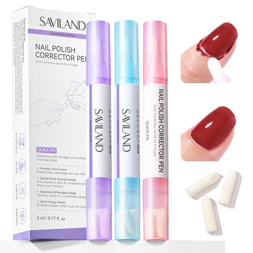 SAVILAND Ultra-Precise Nail Polish Remover Pen: 3 PCS Refillable Nail Polish Corrector Pen 9 Replacement Tips Acetone-Free Nail Edge Cleaning Pen Gentle Non-Drying Nail Polish Tools Home DIY 0.5 Fl.oz