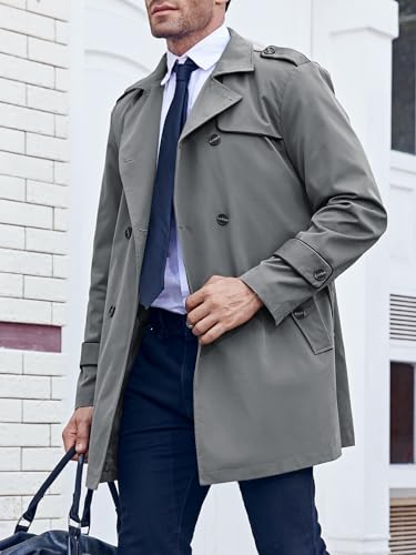 Image of Makkrom Men's Trench Coat Slim fit Double Breasted Notched Lapel Belted Windbreaker Long Jacket Casual Windproof Overcoat
