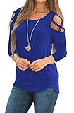 LIOFOER Womens 3/4 Sleeve Blouse Loose Strappy Cold Shoulder Tops (Large, Blue)
