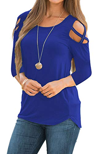 Liofoer Womens 3/4 Sleeve Blouse Loose Strappy Cold Shoulder Tops (Large, Blue) #TOP17