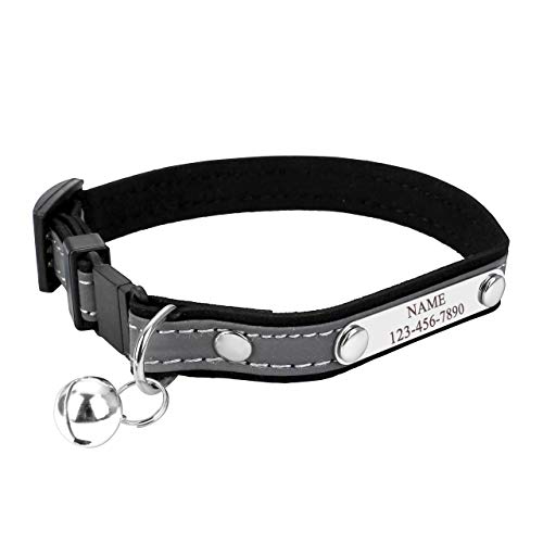 Personalized Master Custom Pet Collar with Name and Phone Number, Reflective Breakaway Cat Collar with Bell, Black