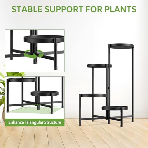 Image of iDavosic.ly 4 Tier Large Plant Stand Indoor with 10 Inch Wide Tray, Tiered Corner Metal Outdoor Flower Display Holder Shelf, Folding Tall Rack for Patio Porch Living Room, Modern Black