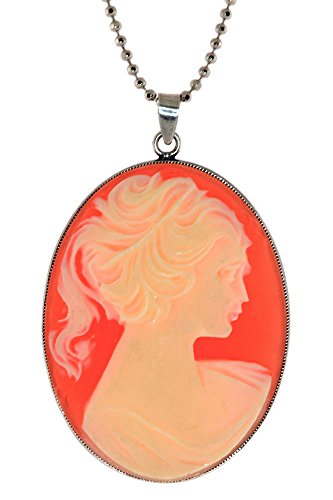 Vintage, Lady Profile Cameo Style Pendent Bead Chain Necklace-Silver Tone/Pink
