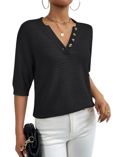 Women's Hollow Out Half Sleeve Shirt Summer V Neck Knit Sweater Casual Loose Fit Pullover Top