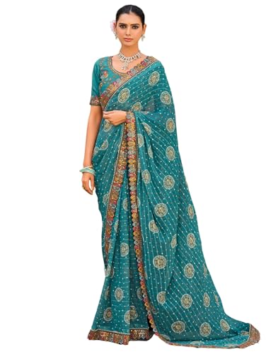 Image of SIRIL Women's Bandhani Printed Georgette Sequence Lace Scalloped Border Saree with Unstitched Blouse Piece