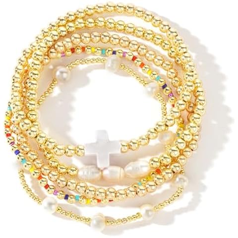 14K Gold Pearl Beaded Cross Bracelets Stack Set for Women,Stretch Boho Colorful Chr...