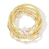 SHINUS BOHO 14K Gold Pearl Beaded Cross Bracelets Stack Set for Women,Stretch Boho Colorful Christian White Beads Ball Jewelry Friendship Summer Trendy Stocking Stuffer Gift