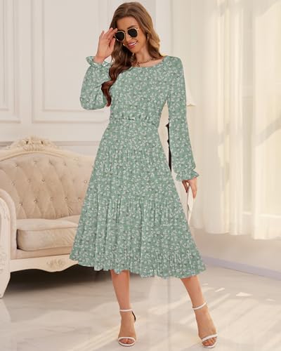 Image of CYiNu Women's Midi Dresses Long Sleeve Crew Neck Flowy Casual Floral Boho Tiered Chiffon Smocked Elegant Dress