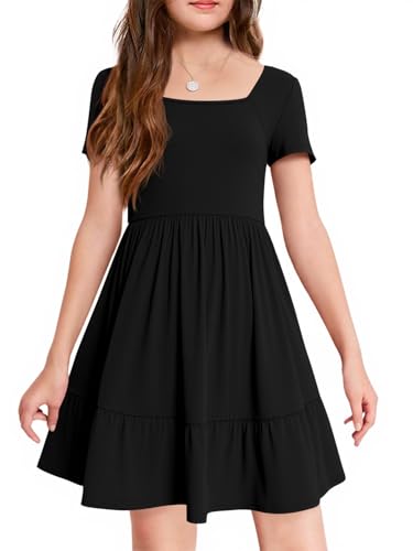Haloumoning Girls Dresses Kids Summer Short Sleeve Square Neck Dress with Side Pockets 5-14 Years