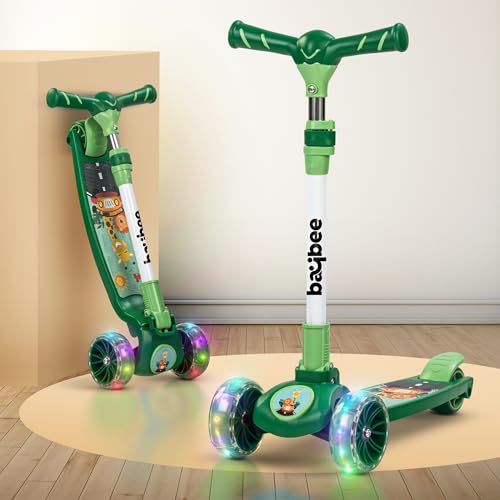 Image of Baybee Kitty Kick Scooter for Kids | Foldable 3 Wheel Kid Scooter with 4 Height Adjustable Handle & Brake | Skate Scooters with LED PU Wheels | Runner Scooters for Kids 3 to 10 Years Boy Girl (Green)