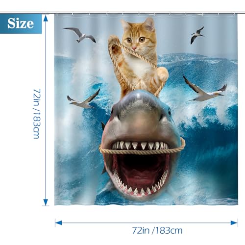 Image of Aimego Funny Cat Shower Curtains - Cute Cool Cat Riding Shark Ocean Wave Fun Bath Shower Curtain Set with 12 Hooks for Adults Kids Bathroom Decor Accessories, 72 inchx72 inch