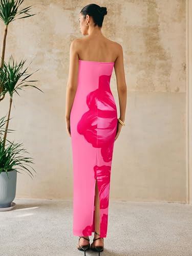 Image of PRETTYGARDEN Women Summer Strapless Maxi Dress Bodycon Floral Sexy Long Wedding Guest Dress Formal Tube Mesh Cocktail Dresses