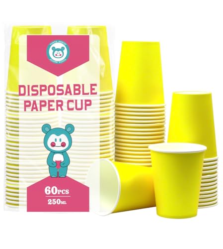 Yuxitia Lot de 60 gobelets jetables en carton, gobelets jaunes pour bricolage, mariage, fête,...