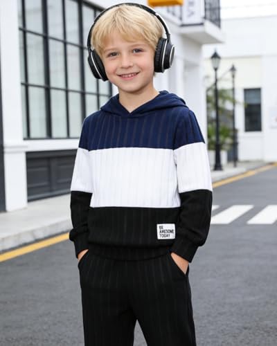 Image of 5-11Y Boys Clothes Long Sleeve Hooded Pullover Colorblock Sweatshirt + Pants 2pcs Fall Winter Outfit Set