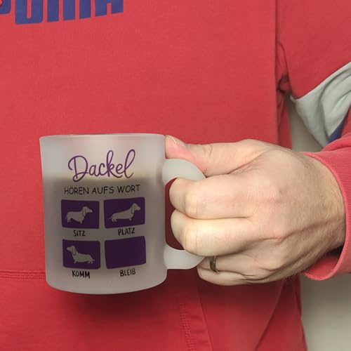 Dackel Liebe - Dackel Glas Tasse Humorvoller Glas Tasse mit Dackel Silhouette - Sitz Platz Komm Bleib Positionen und viel Liebe für Tierfreunde
