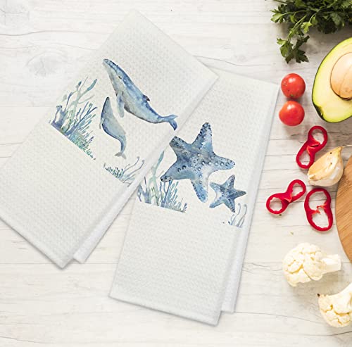 Seahorse Jellyfish Whale Starfish Absorbent Kitchen Towels And Dishcloths 16×24 Inches Set Of 4,Funny Ocean Animal Hand Towel Dish Towel Tea Towel For Kitchen Bathroom Decor,Sea Life Lovers Gifts #TOP4