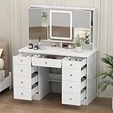 ROMSHINE White Vanity Desk with Trifold Mirrors & LED Light, Large Makeup Vanity with 9 Drawers & Shelves, Modern Vanity Desk with Mirrored Doors in 3 Color Modes, Thickened Tabletop, White