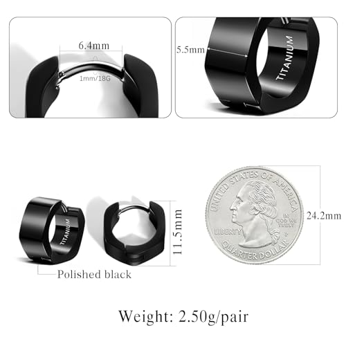 TGNEL Pure Titanium Mens Hoop Earrings for Sensitive Ears, Small Hexagon Titanium Huggie Earrings for Men Women Black/Silver4
