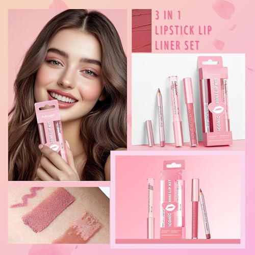 Desing Wish 3 Piezas Pintalabios Permanente Perfilador Labios Rosa Brillo Barra de Labios Labiales Mate Larga Duracion Labial Delineador Labios Lip Tint Lip Liner Mujer Regalo Maquillaje Kit - imagen 5