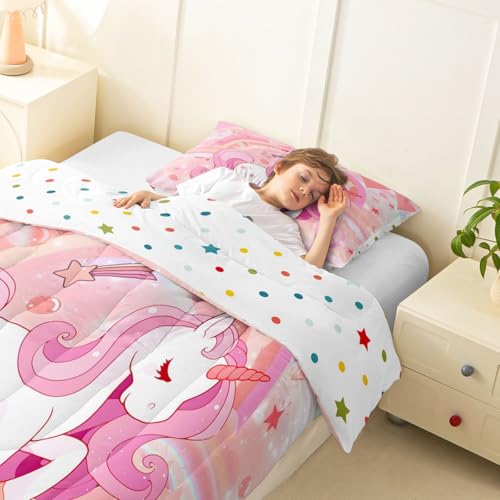 Image of Erosebridal Unicorn Bedding Set for Girls Twin Kawaii Rainbow Unicorn Comforter Set Bedroom Decor for Girls Kids Cartoon Horse Duvet Insert Ombre Stars Quilt Comforter Pink 2 Pcs