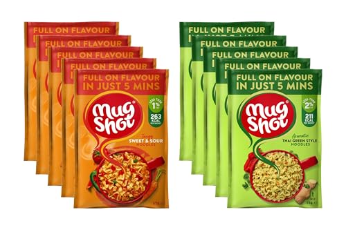 Mug Shot Instant Noodles Multipack Thai & Sweet & Sour Asian Ready Meals Food & Snack x5 Each Flavour Quick Meal Pasta Low Fat Calorie Noodle Bulk Ready in 5 Min 10 packs total + Cheeroo Magnet