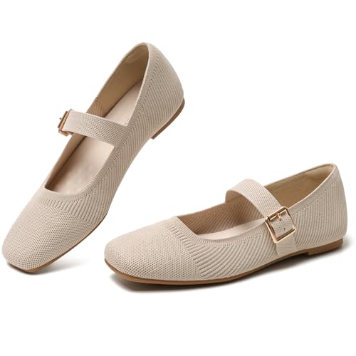 GOUPSKY Nude Knit Flats for Women Square Toe Slip On