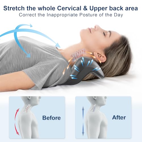 neck and shoulder relaxer with upper back massage point cervical traction device neck stretcher for tmj pain relief and cervical spine alignment chiropractic pillow grey