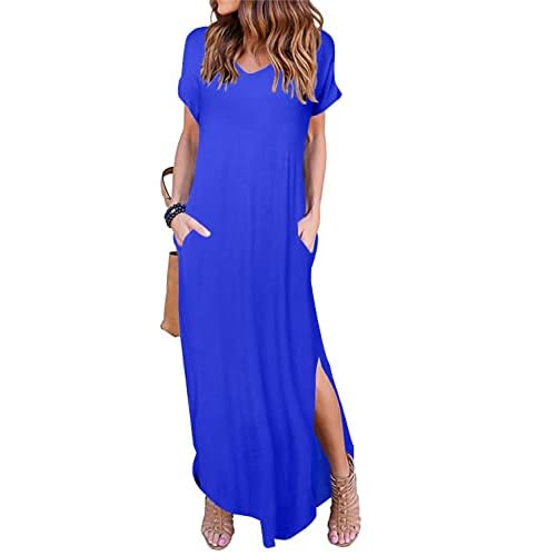 HUSKARY Women's Summer Maxi Dress Casual Loose Pockets Long Dress Short Sleeve Split Maxi Dresses Medium Blue 01