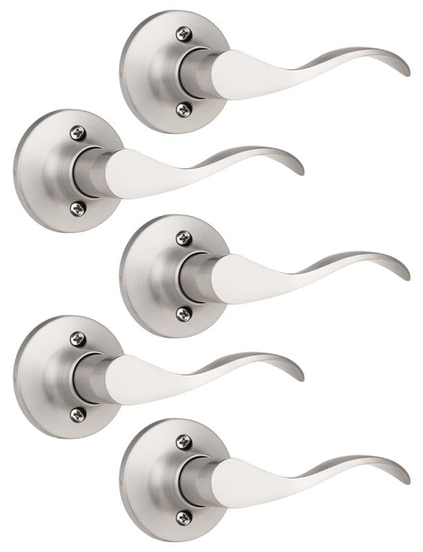 Image of Mengico 5 Pack Satin Nickel Dummy Door Lever, Single Right Side Door Handle for Closets, Non-Turning Pull Only Lever Set, Wave Style Interior Door Knob