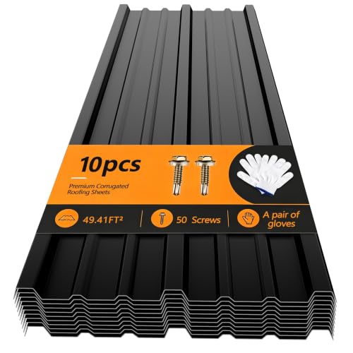 BOBIBAN 10 pcs Metal Roofing Panels - L42.52x W16.73 Corrugated Galvanized Steel Roof Panels Metal Siding Panel Suitable for Garages Sheds Stables Patio Includes Screws(Black L42.52-10)