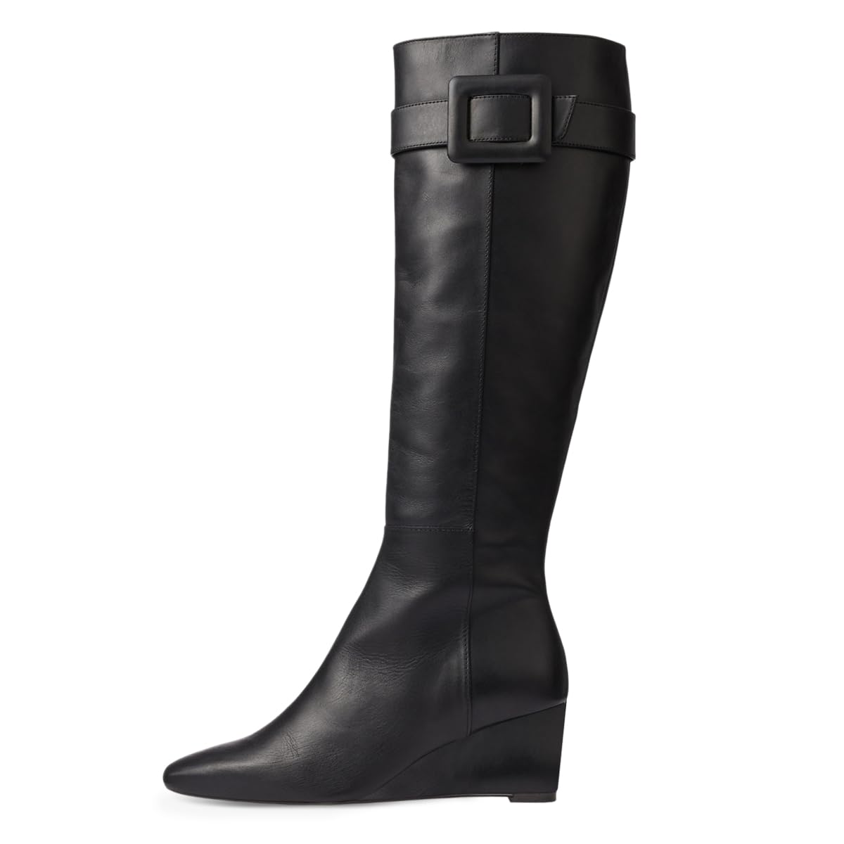 Tangscuisins Women Square Closed Toe Zipper Knee High Boots Adjustable Strap Buckle Low Wedge Heels Stylish Dress Date