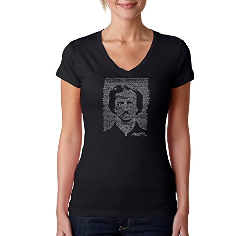 T-shirt col en V Edgar Allan Poe The Raven pour femme LA POP ART noir