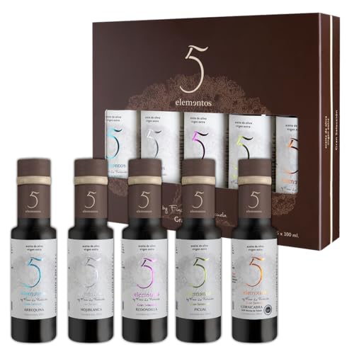 5 Elementos Gran Selección Estuche Premium de Aceite de Oliva Virgen Extra 5x100ml | Regalo Gourmet con Variedades Exclusivas | Cornicabra, Picual, Redondilla, Hojiblanca y Arbequina