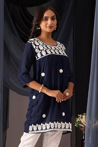 Image of Sidhidata Rayon Floral Embroidered Short Kurti | Short Anarkali Kurti for Girls | Women's Casual Sleeveless Printed Top | Tops for Women (Kurti Myra)