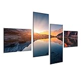 150x80cm - 4 Parties islandburner, Tableau Tableaux sur toile Beau paysage avec de hautes montagnes avec des pics lumineux, des pierres dans le lac de montagne, la réflexion, le ciel Impression Cadeau OHG-4LP-FR