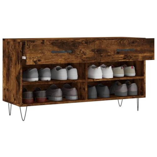 Banco de madera estable de roble con patas de hierro y estante de pasillo 5