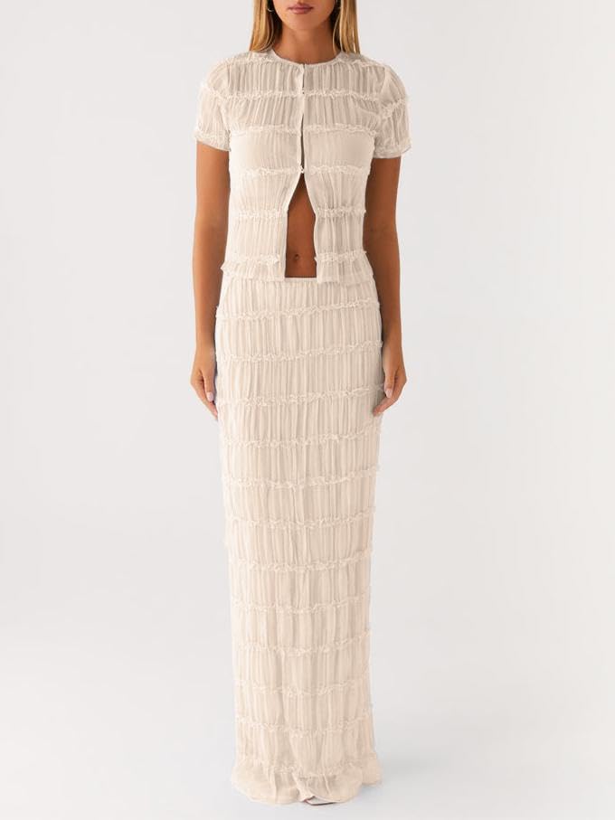 Women Y2k 2 Piece Maxi Skirt Set Ruched Short Sleeve Crop Top Flowy Ruffle Long Skirt Outfits Beachwear3