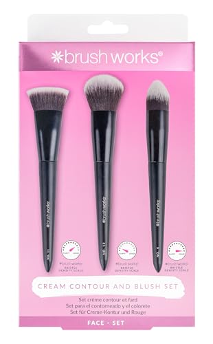 Brushworks Cream Contour and Blush Set – 3-Piece Kit, Flat Top Contour, Blush & Buffing Brushes for Sculpting, Defining & Blending
